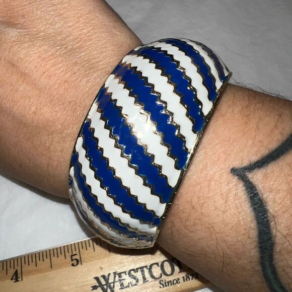 Amrita Singh Blue and White Enameled Hinged Cuff Bracelet - Picture 1 of 7